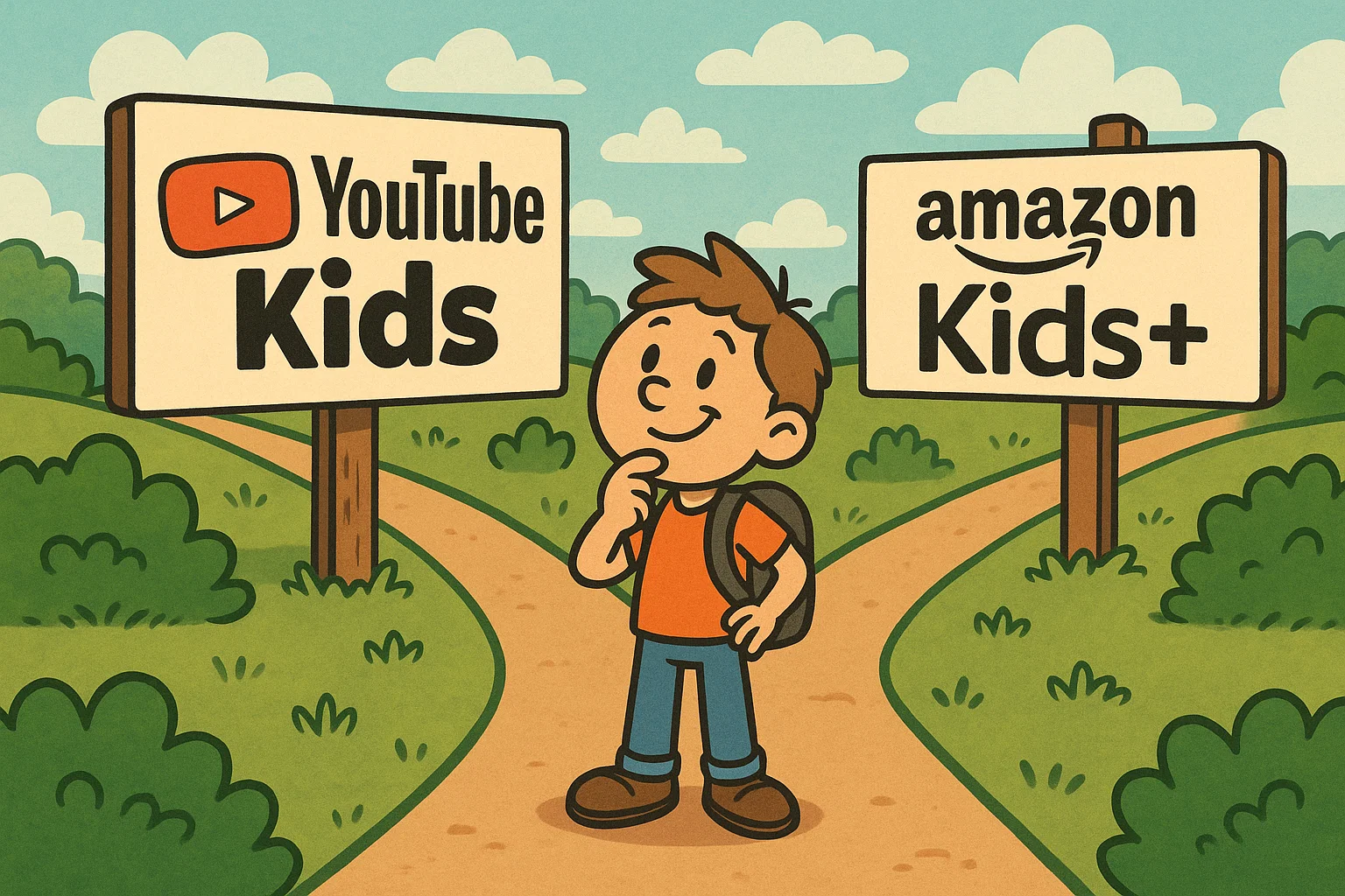 A cartoon of a character at a fork in the road, choosing between two paths representing YouTube Kids and Amazon Kids+.