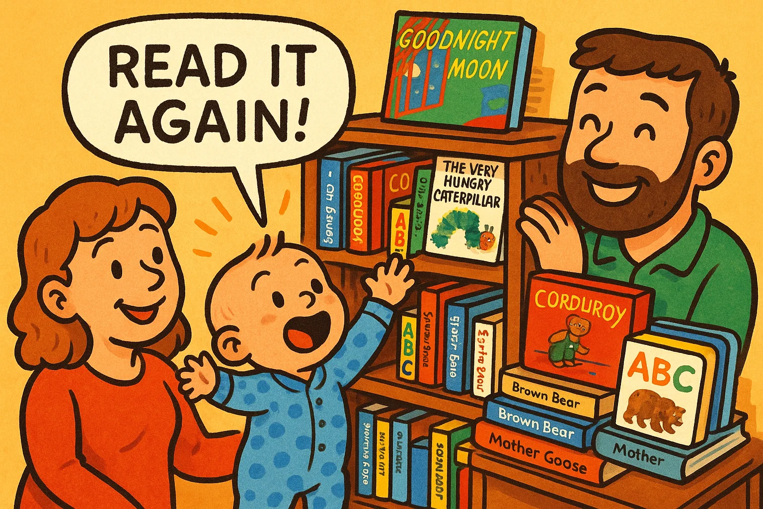 Classic baby books in family library cartoon with parents and baby. Classic baby books in family library cartoon with parents and baby.