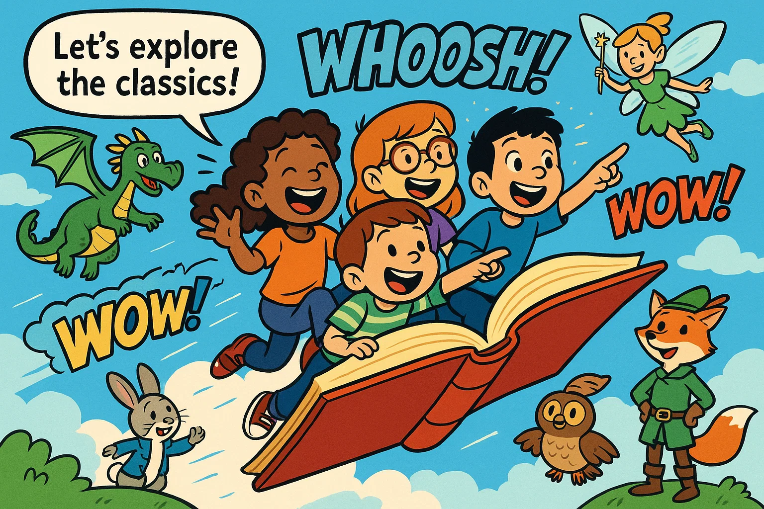 Cartoon kids flying on a magic book with classic childhood characters on an adventure trip. Cartoon kids flying on a magic book with classic childhood characters on an adventure trip.
