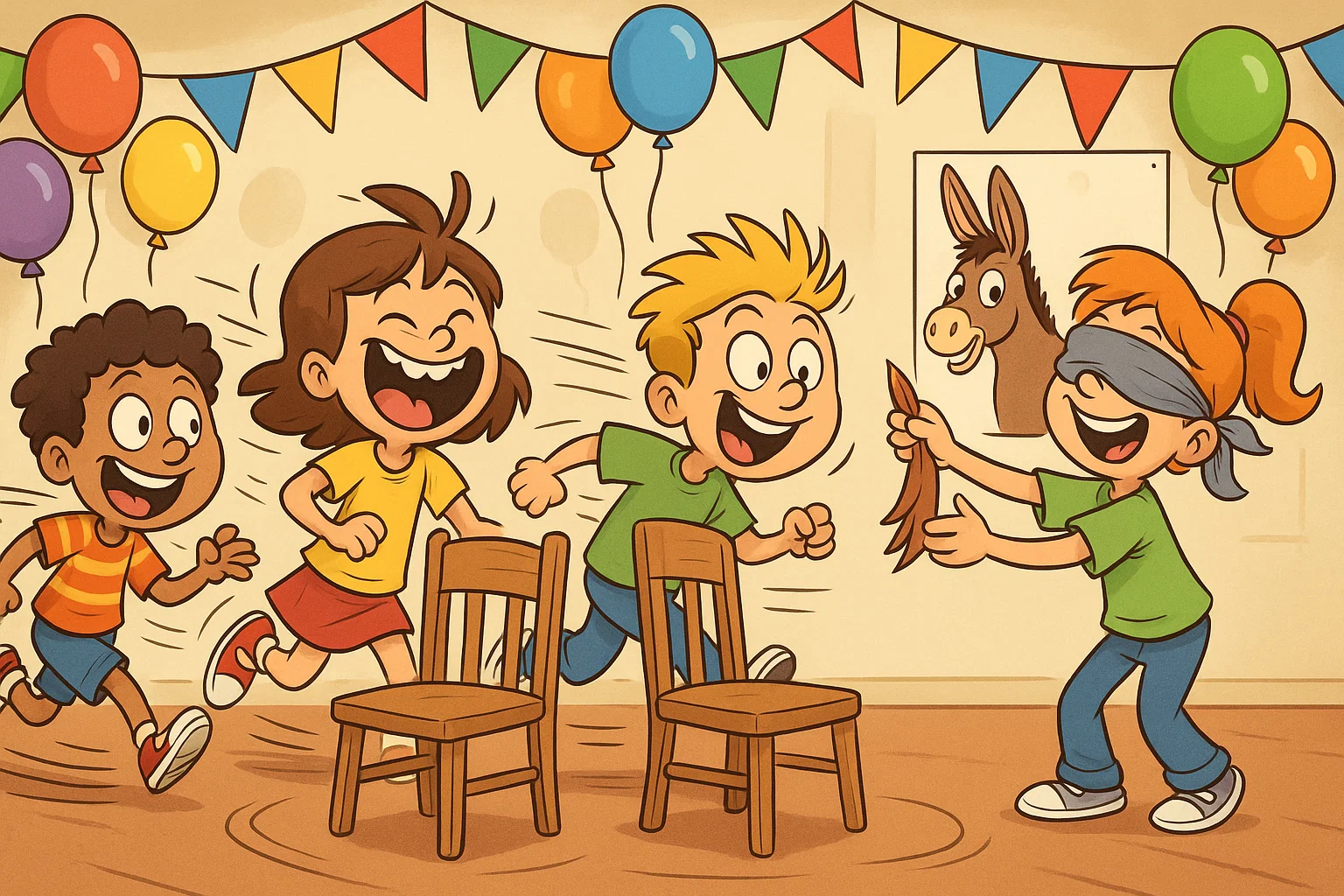 Children playing musical chairs and pin the tail at classic birthday party games.
