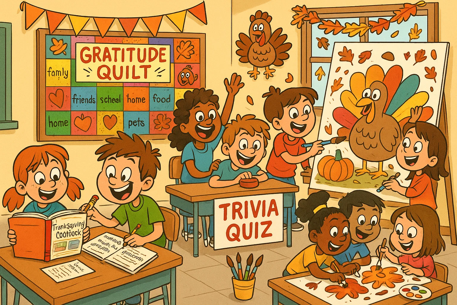 Thanksgiving classroom group projects with quilt, art, trivia, and cookbook.