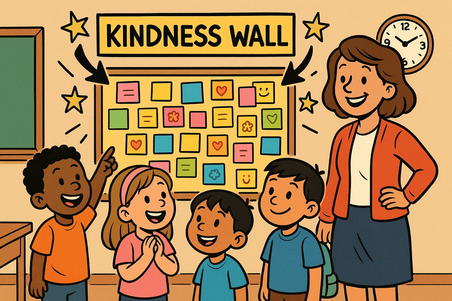  Children doing classroom kindness activities with kindness wall.
