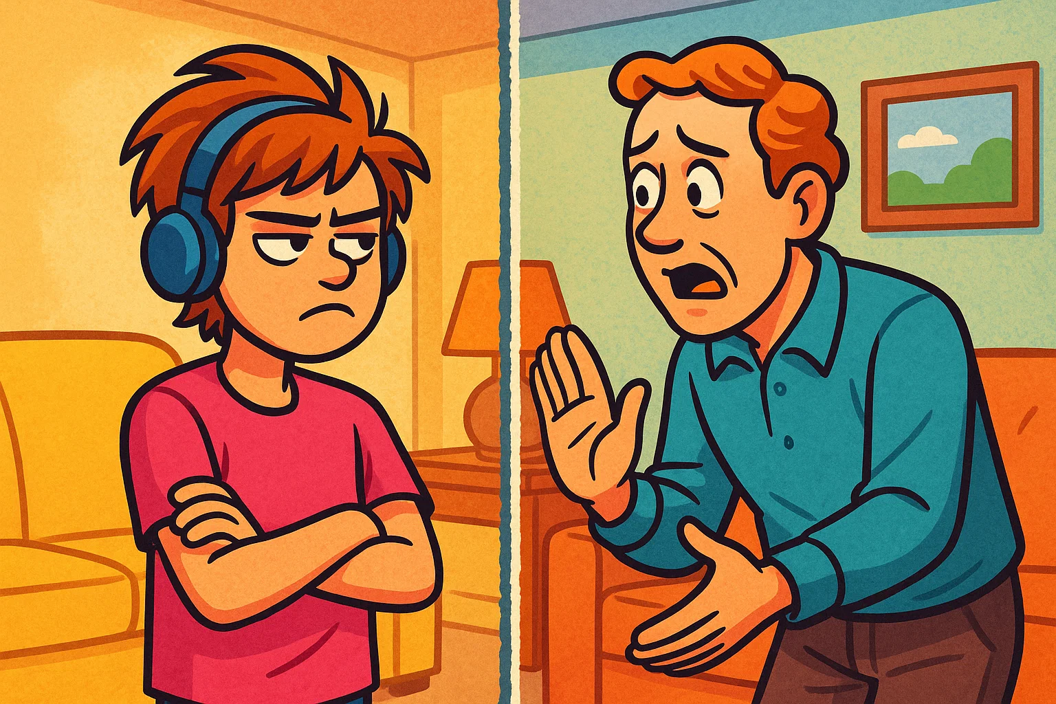 A cartoon of a parent and a teenager, with a barrier between them, symbolizing a lack of mutual respect in a family. A cartoon of a parent and a teenager, with a barrier between them, symbolizing a lack of mutual respect in a family.