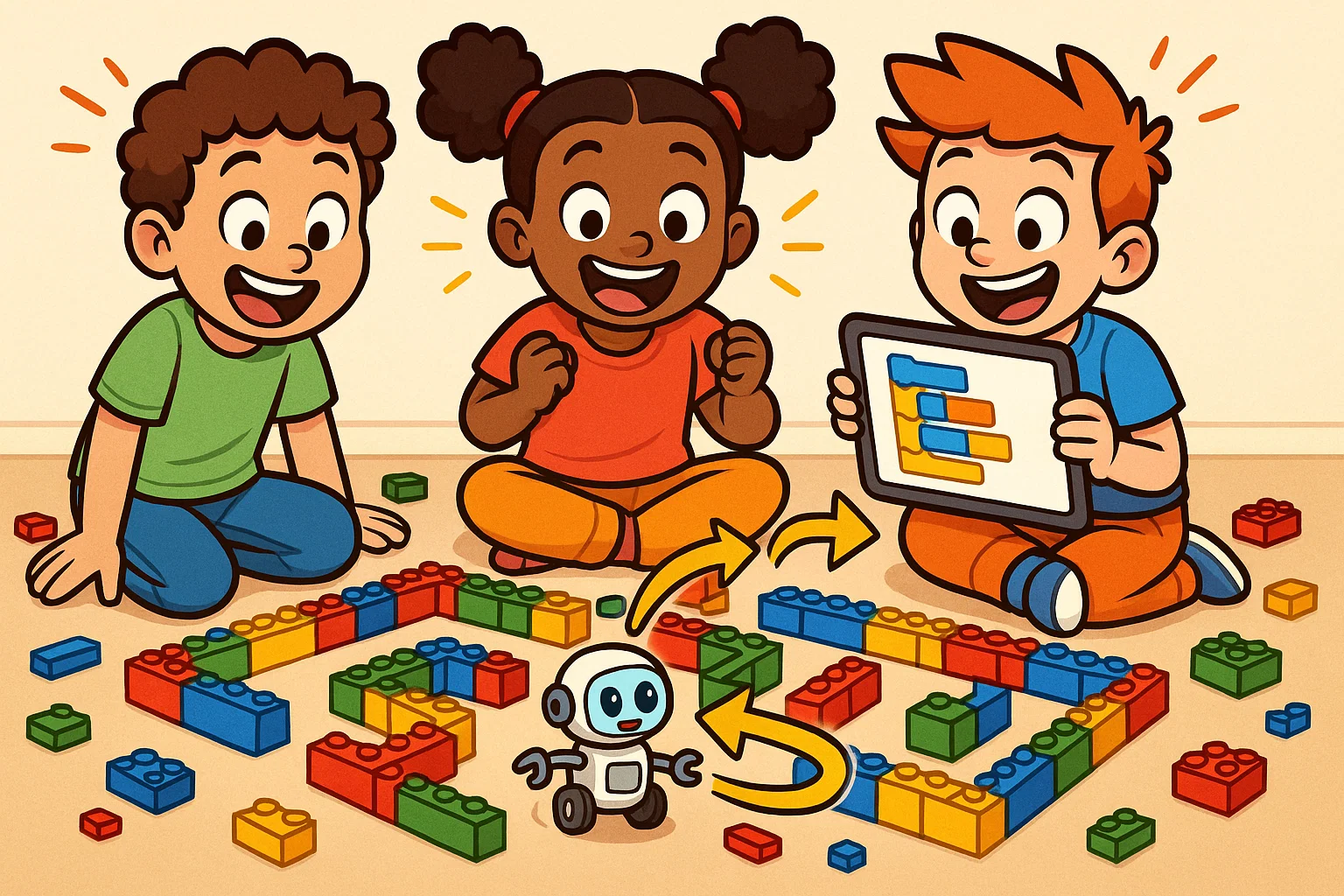  Children coding a LEGO maze in cartoon style STEM activity with robot movement.

