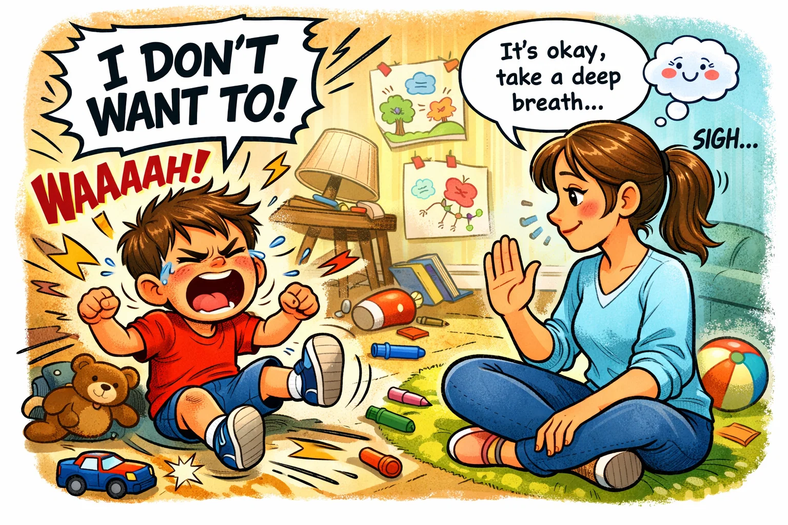 Common behavior challenges 5 year olds with child showing emotions and reactions. 
