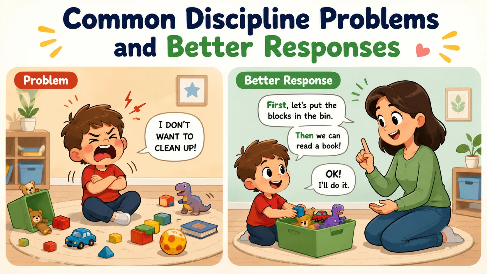 Common discipline problems and better responses for kids self-discipline.
