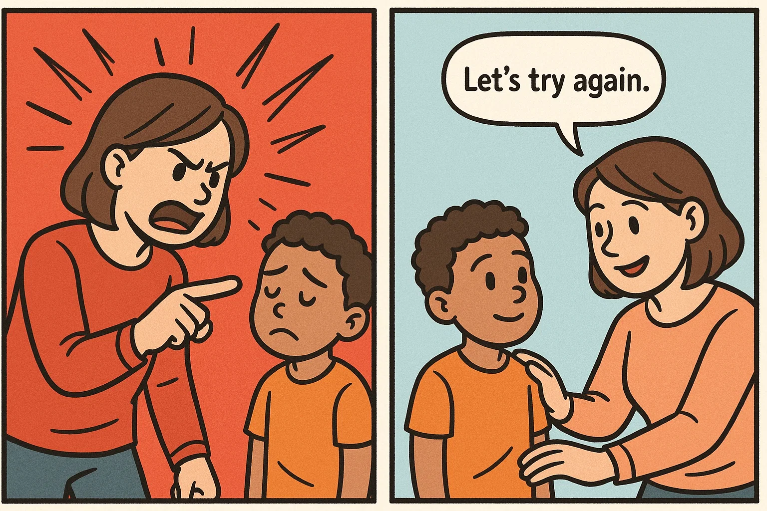 Cartoon showing parenting mistakes and better ways to guide kids self control.
