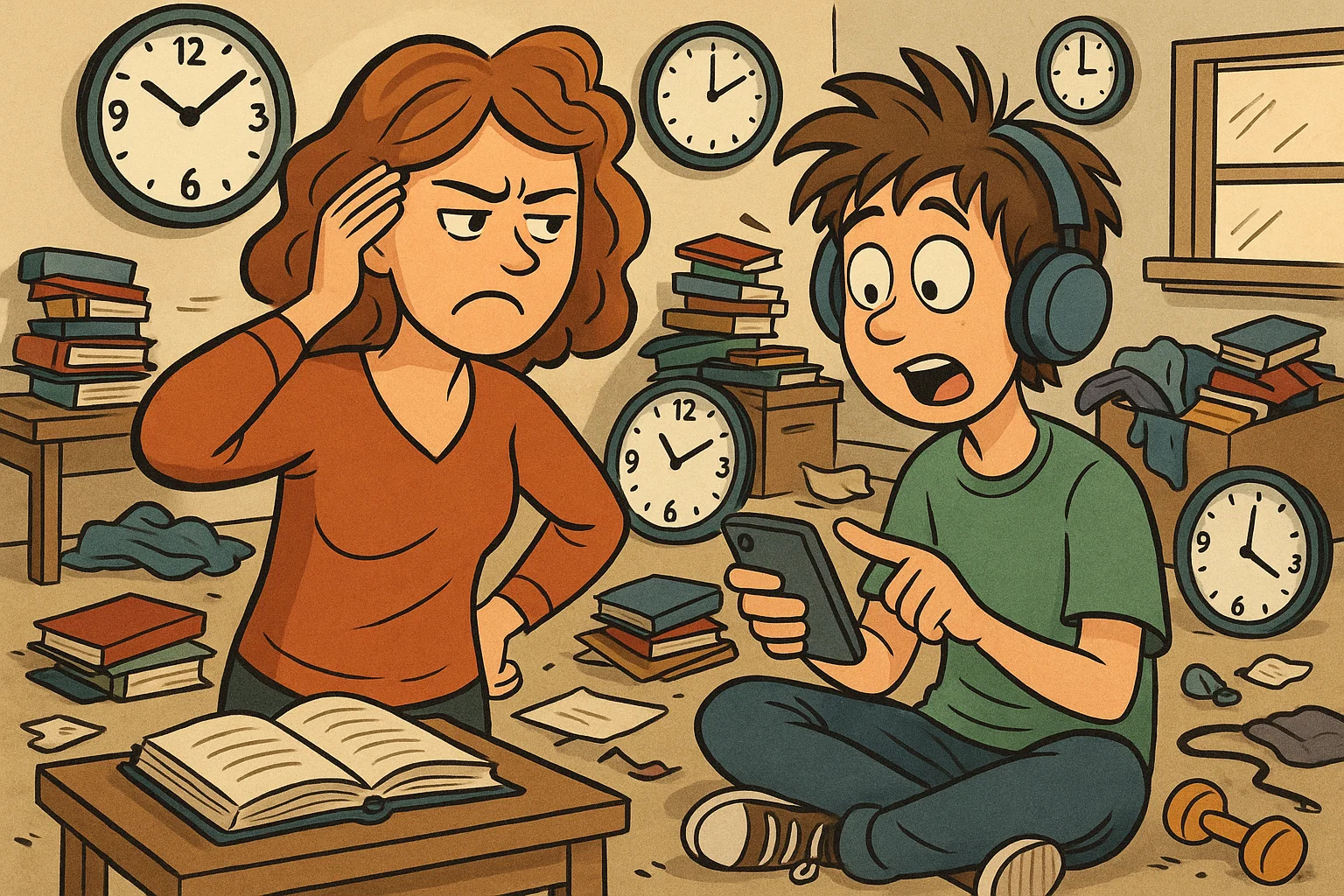 Cartoon of a stressed parent and ADHD teen with typical daily challenges. Cartoon of a stressed parent and ADHD teen with typical daily challenges.