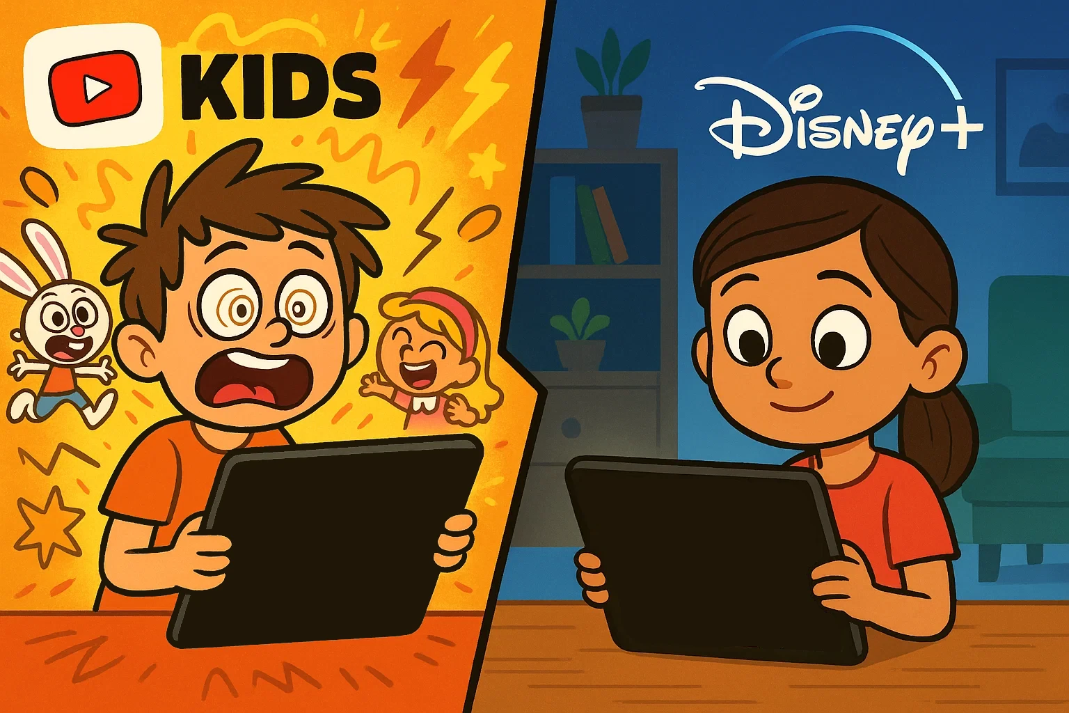 A cartoon showing a split screen comparing the chaotic content of YouTube Kids and the curated content of Disney+.