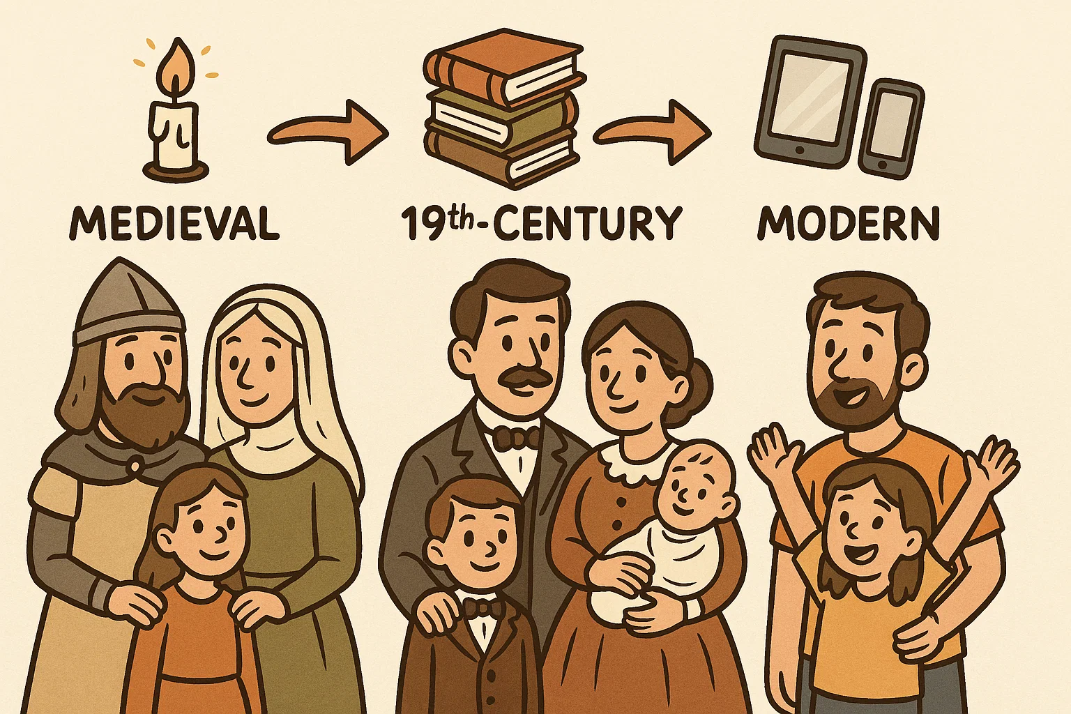 Cartoon timeline showing concept and history of traditional family values. Cartoon timeline showing concept and history of traditional family values.
