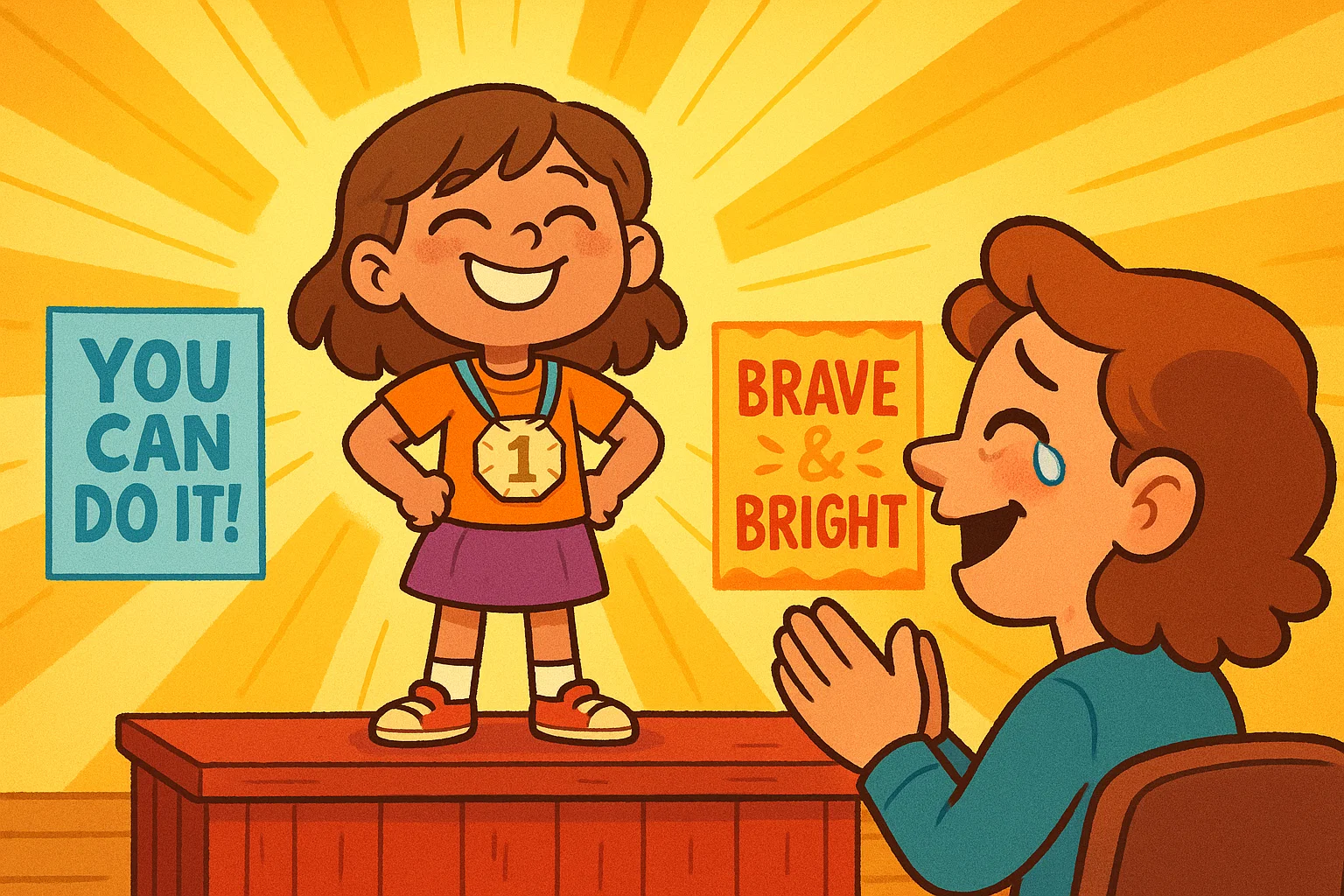 Proud girl with medal standing on desk while parent claps with joy and posters show support.