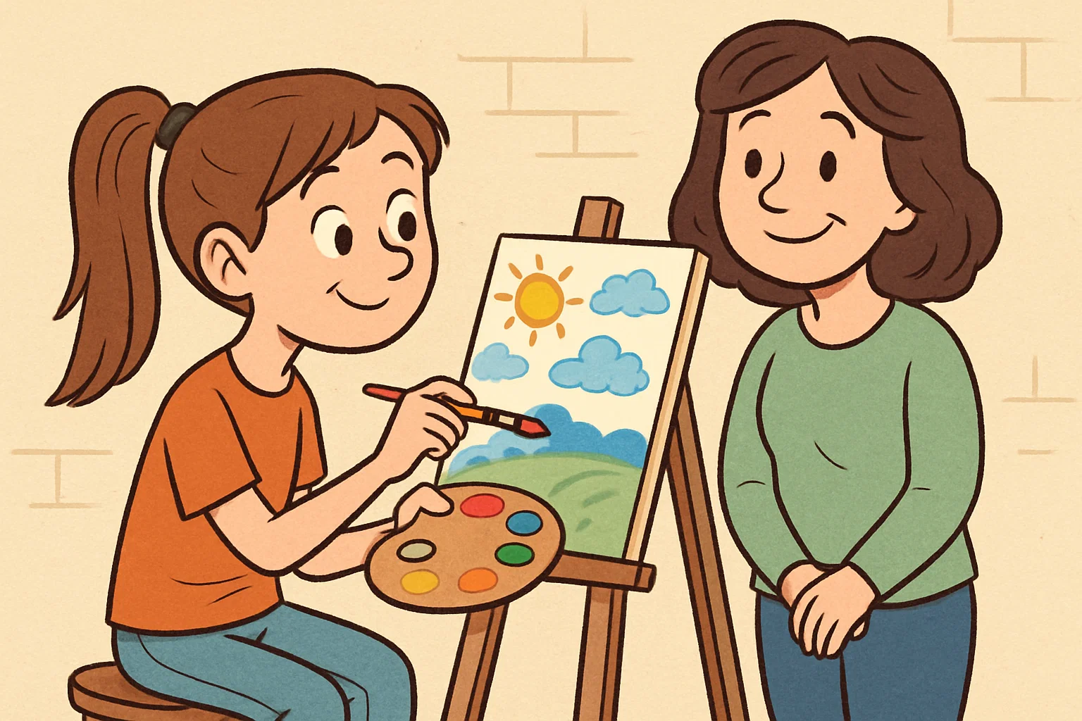 Cartoon teen expressing creativity with supportive parent nearby.