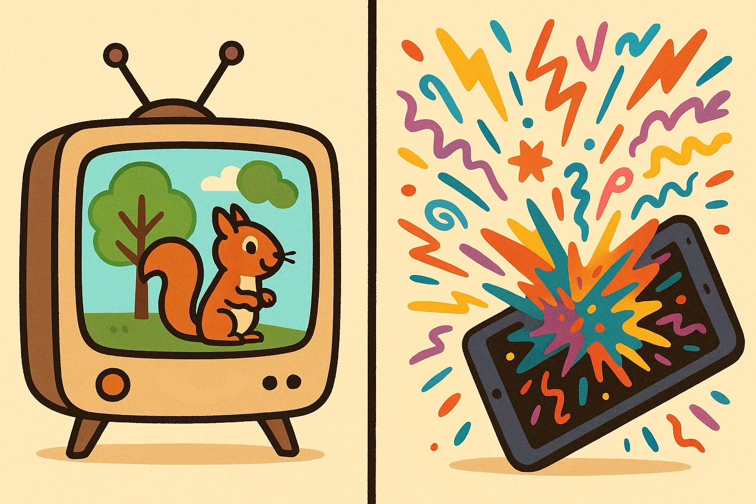 Cartoon showing a calm, educational PBS-style TV screen next to a chaotic, fast-paced YouTube Kids tablet.
