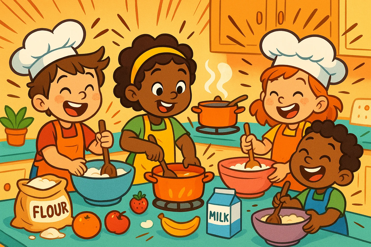 Preschoolers cooking together in a colorful kitchen with playful food activities.