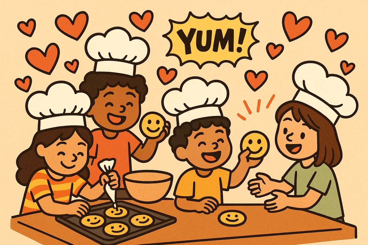 Children cooking and baking treats to give to others kindly.
