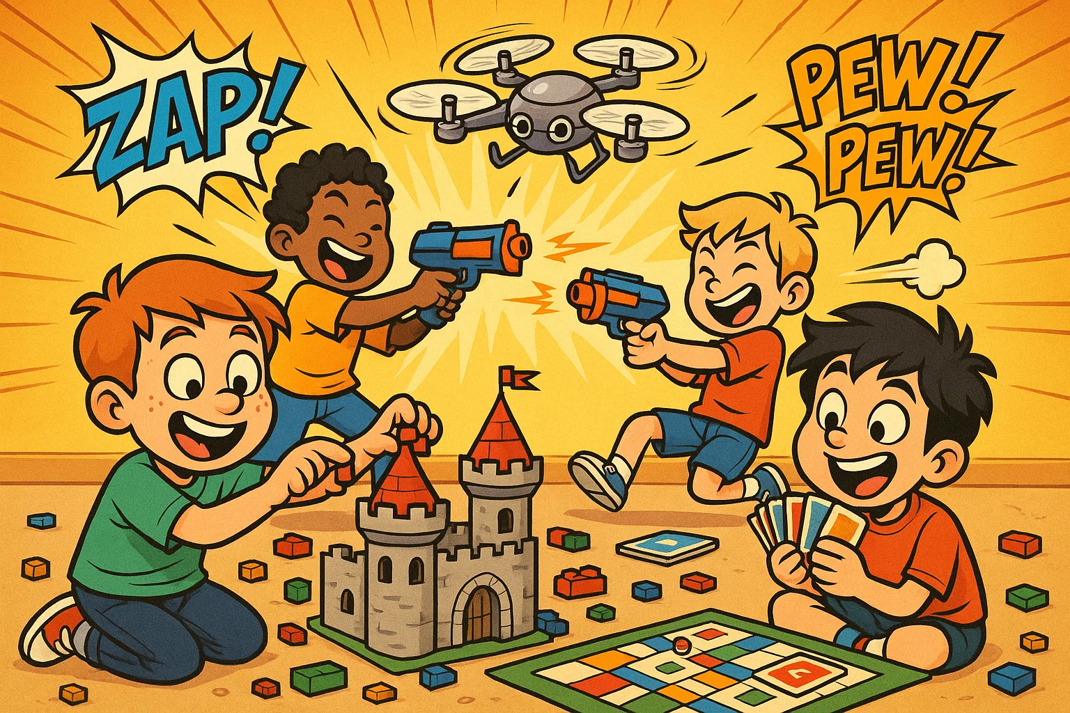 Cool toys and games for boys: Lego, Nerf, drones and board games.