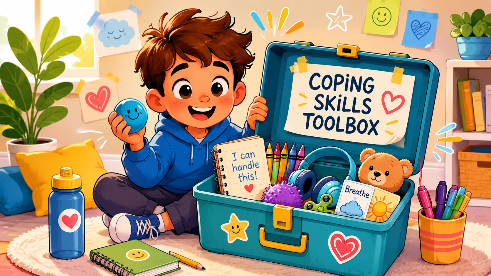 Coping skills toolbox for kids with calming tools in cartoon room. 
