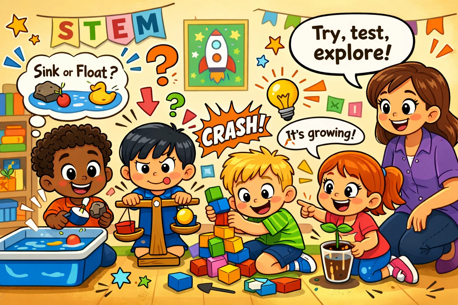Core principles for effective STEM activities through hands-on preschool play and testing.

