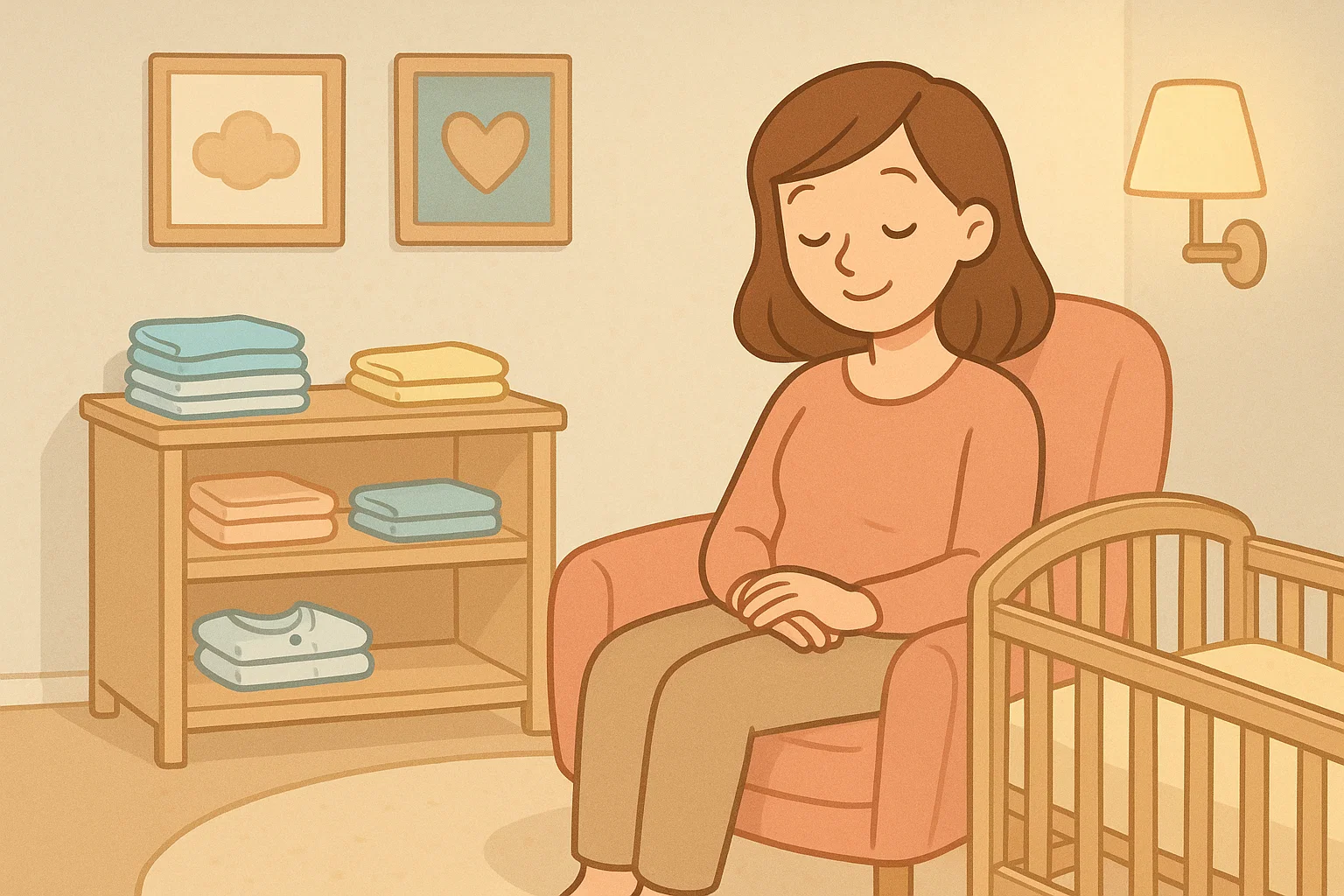 A woman relaxing in a well-organized nursery to create a healthy home environment. A woman relaxing in a well-organized nursery to create a healthy home environment.