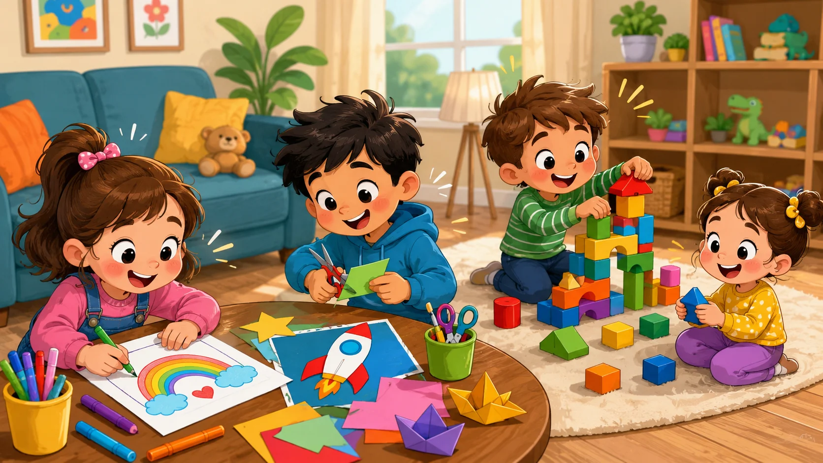Creative activities at home for kids with paper crafts and colorful blocks.