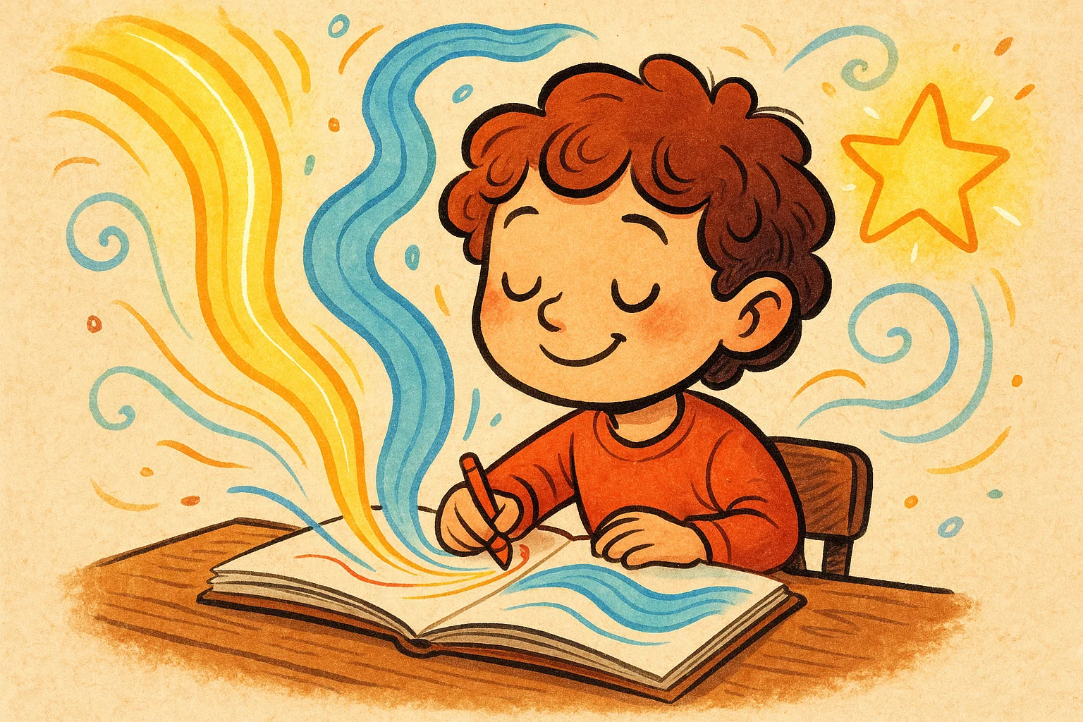 A cartoon of a child drawing in a sketchbook, with the drawing's lines turning into positive feelings like a stream of light and a calm river.
