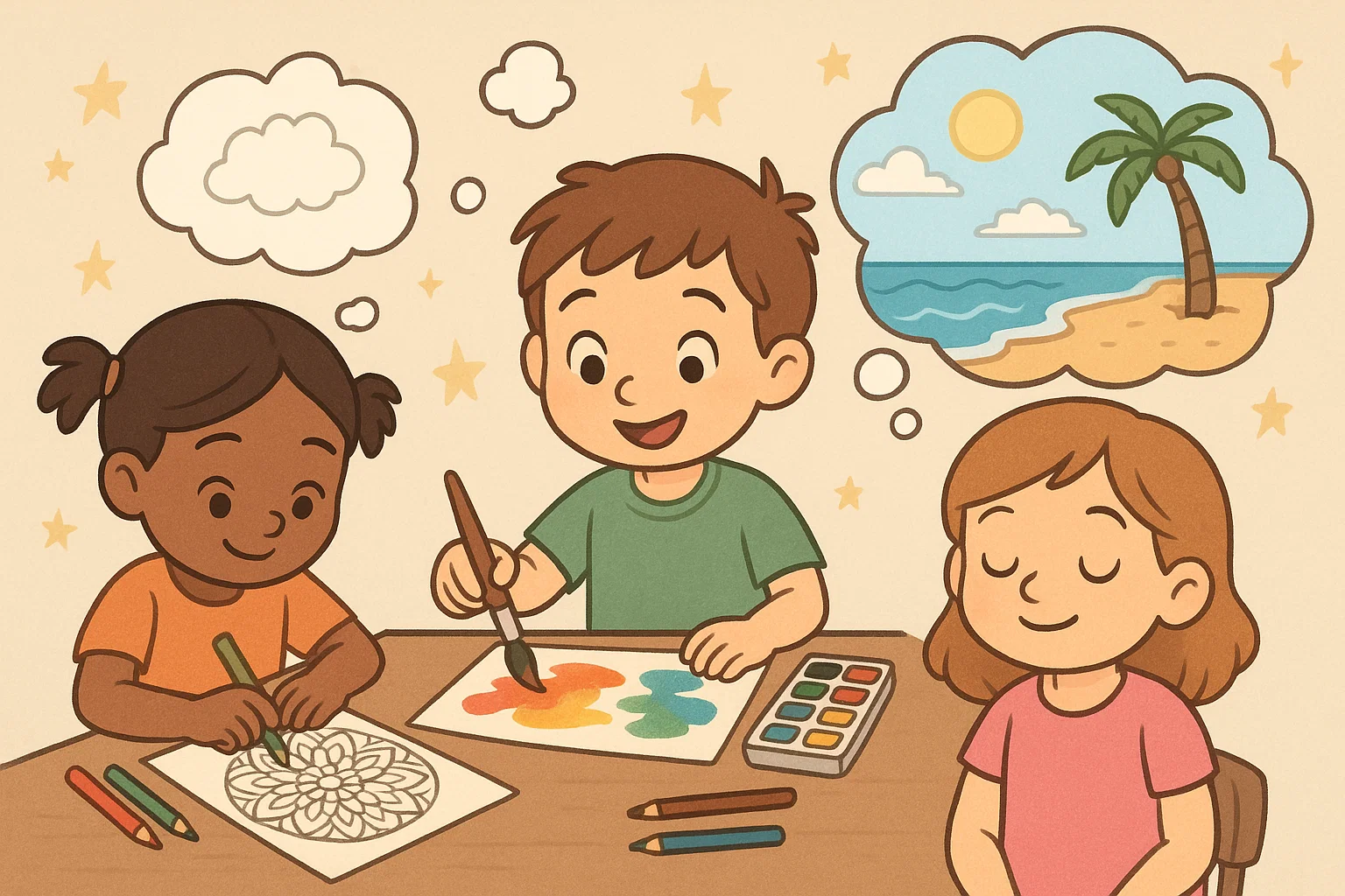 Creative and quiet activities for emotional regulation with children coloring and imagining calm.