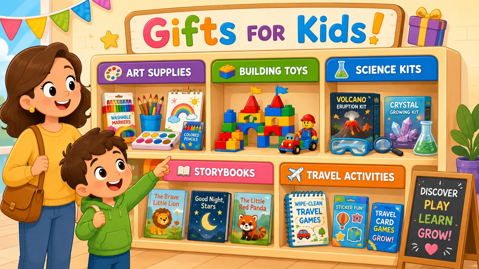 Creative gifts for kids shop by collection with art, building, science, books, and travel gifts.