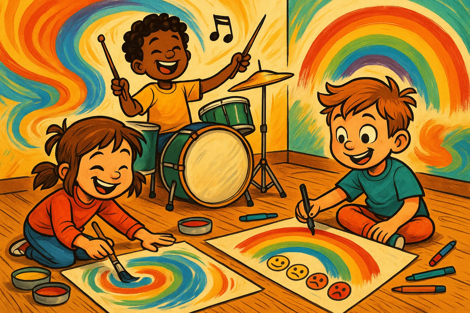 Cartoon kids using creative outlets like art and music for emotional regulation. Cartoon kids using creative outlets like art and music for emotional regulation.
