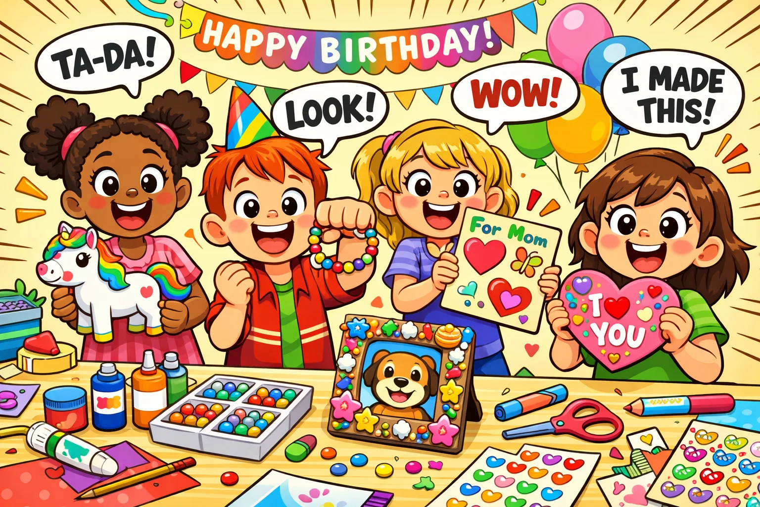 Kids making creative party activities they can take home from birthday celebration.
