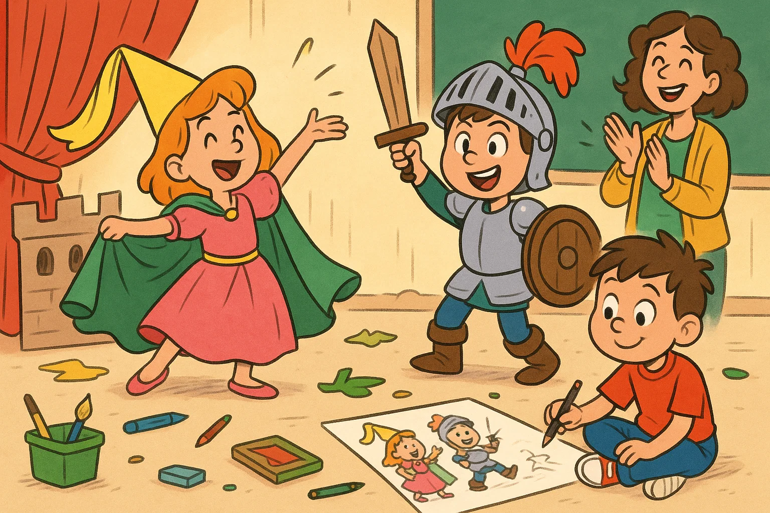 Cartoon children acting and drawing creative reading extensions in class.
