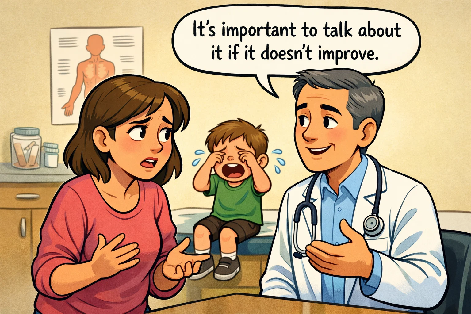 Cartoon showing a concerned parent with a crying child indicating when crying becomes a concern. 
