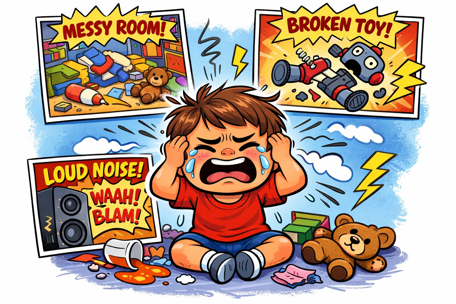 Comic-style image showing causes of excessive crying in children including tiredness and anxiety.
