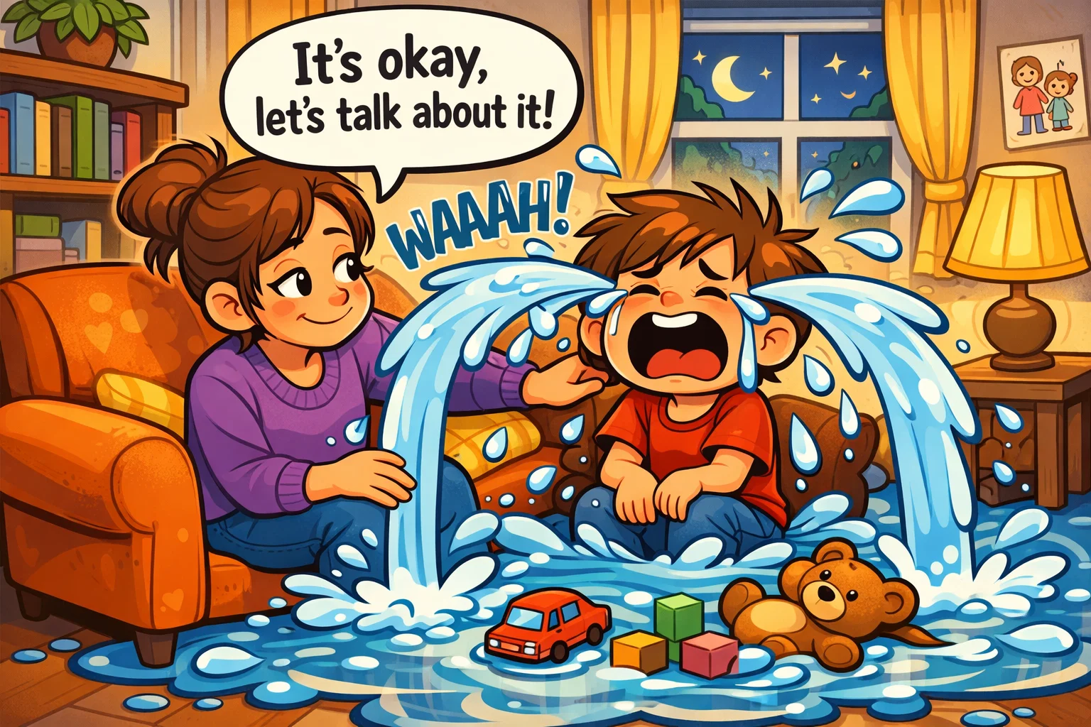 Cartoon image showing different parenting tips for crying children with emotional support.