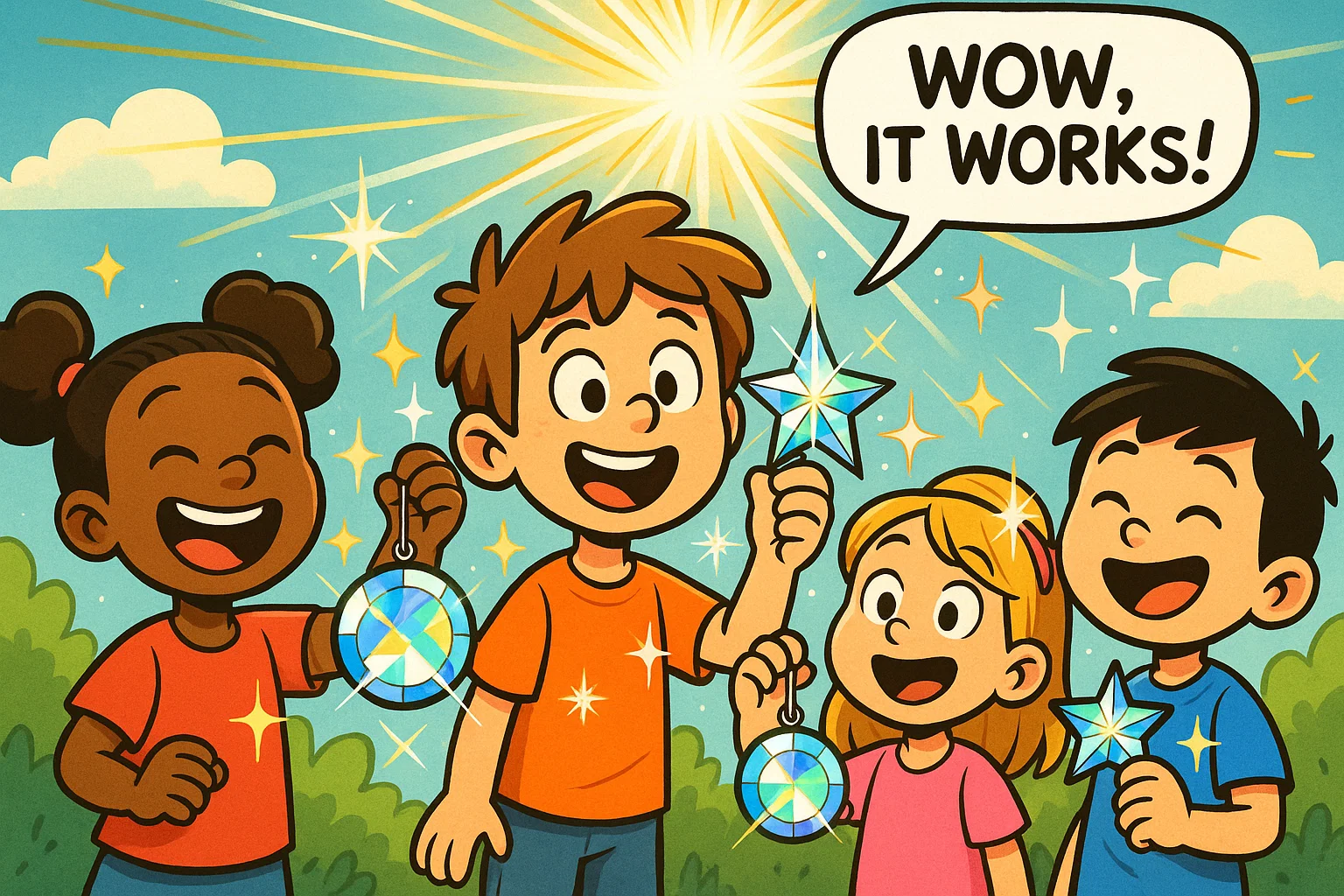Cartoon of kids creating crystal sun catchers in STEM activity with sunlight effects.

