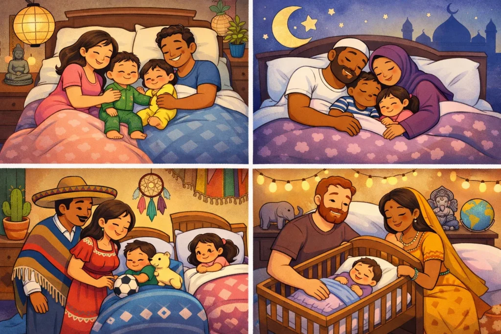 Cultural and family dynamics affecting co-sleeping, showing diverse family arrangements.
