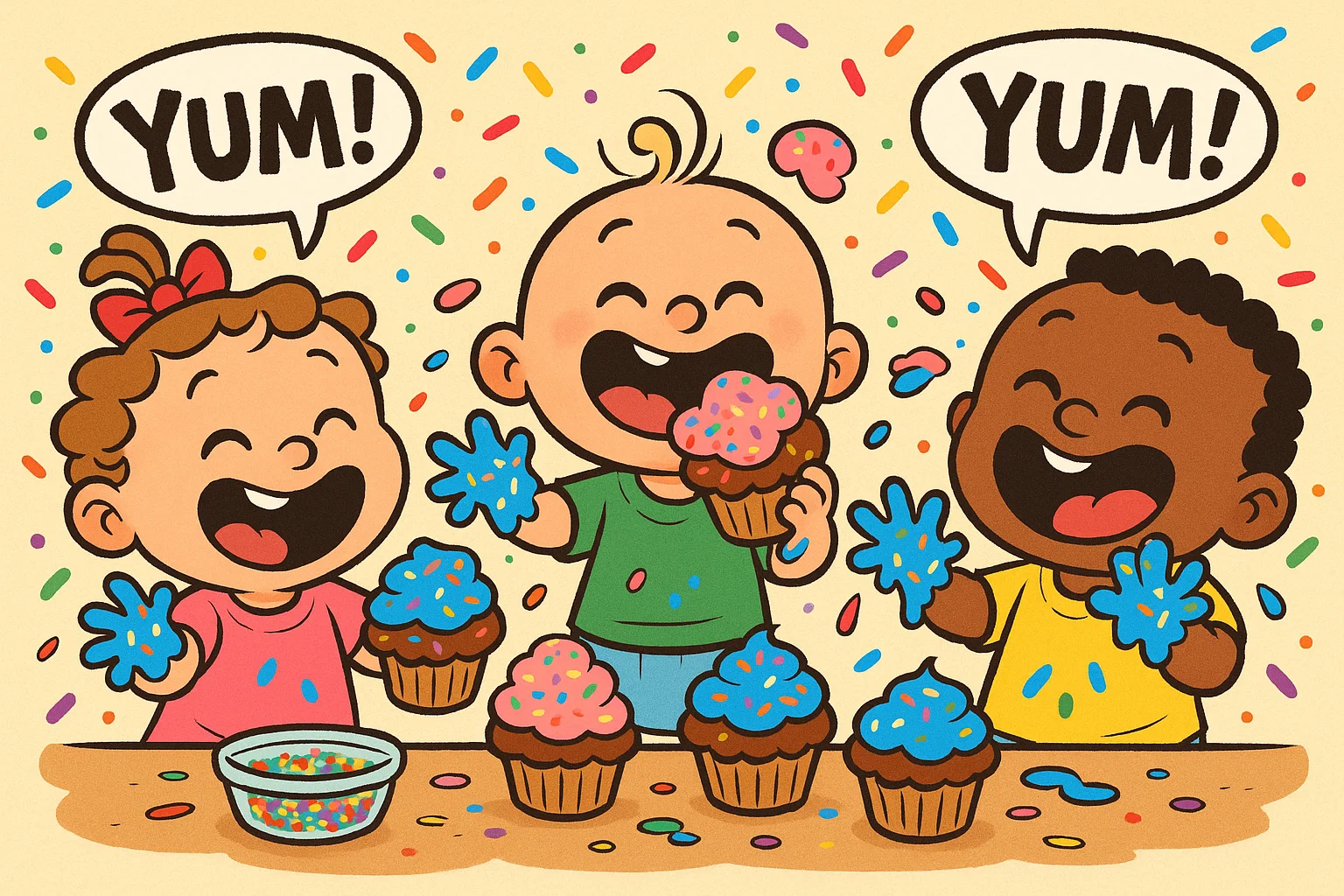Children decorating cupcakes with icing and sprinkles at party. Children decorating cupcakes with icing and sprinkles at party.