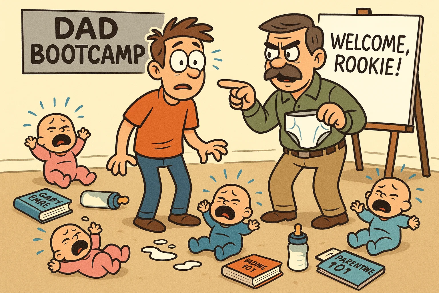Nervous new dad in parenting bootcamp with crying babies and instructor holding diaper.