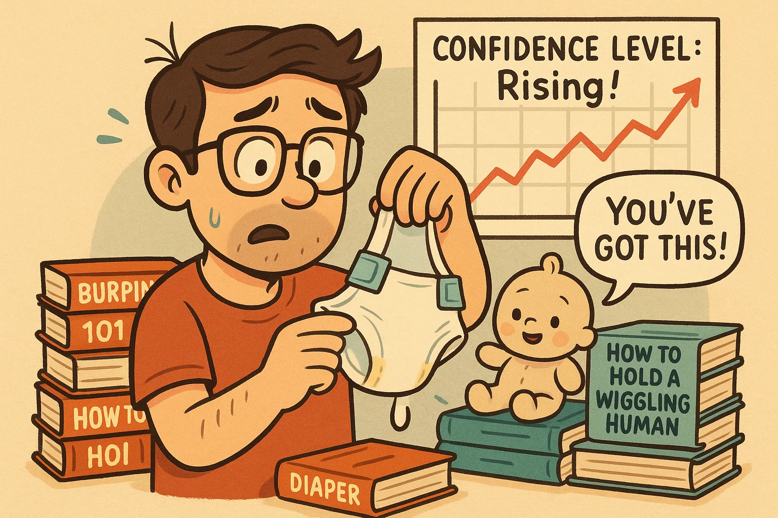 Dad learning diaper changing.