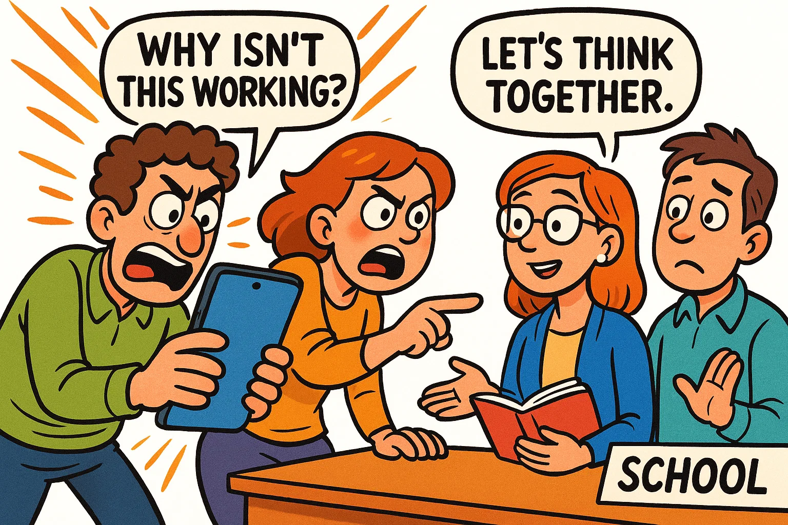 Image of difficult parenting scenarios with teacher and parents managing conflict calmly.