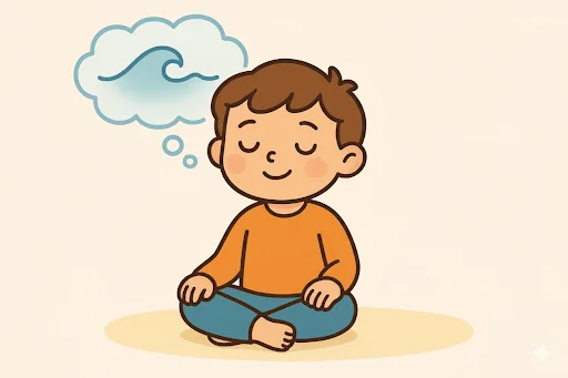 A cartoon showing a calm child surrounded by visual representations of quick coping skills like a wave for breathing and a clock for pausing.
