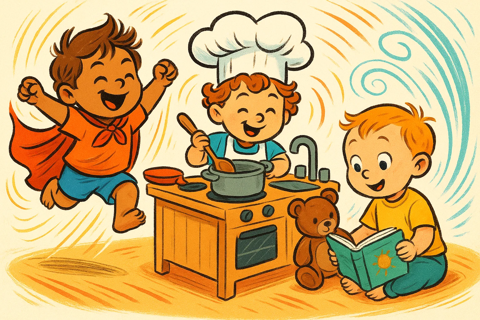 A cartoon of children engaged in imaginative play, such as pretending to be a superhero, to develop social skills. A cartoon of children engaged in imaginative play, such as pretending to be a superhero, to develop social skills.