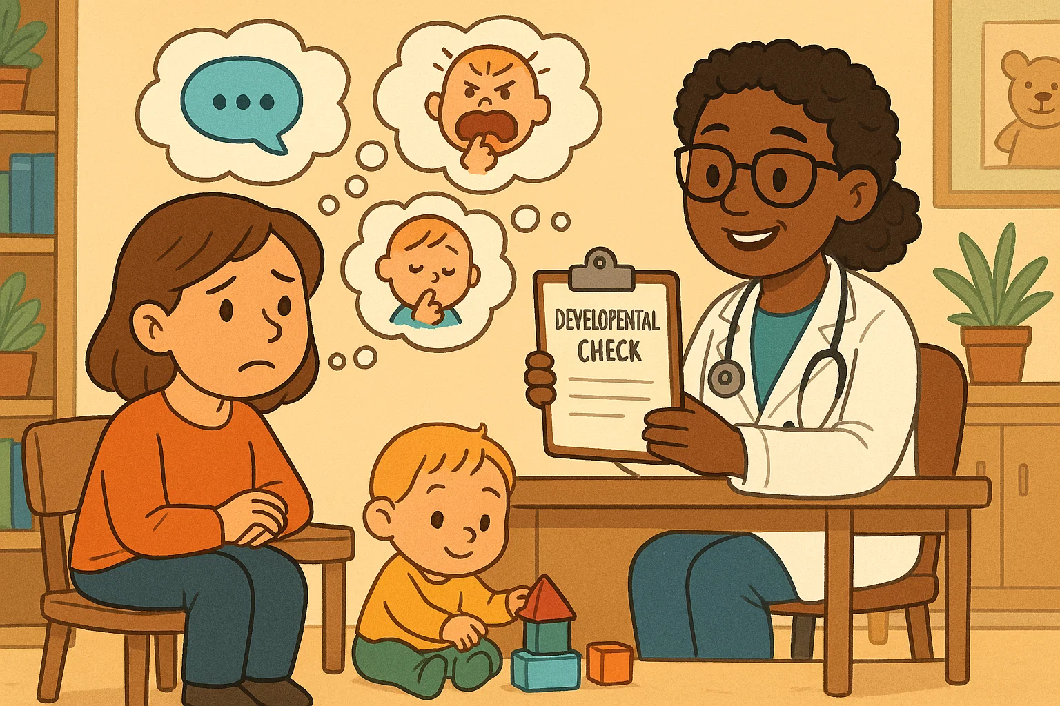 Pediatrician holding clipboard while mom discusses child’s speech and behavior concerns. Pediatrician holding clipboard while mom discusses child’s speech and behavior concerns.