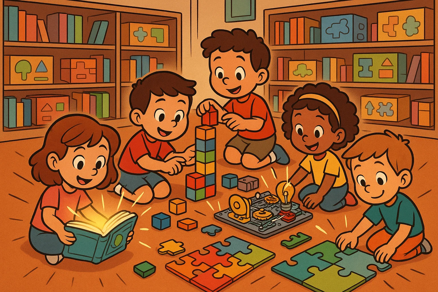 Children solving puzzles, building blocks, and reading interactive storybooks.
