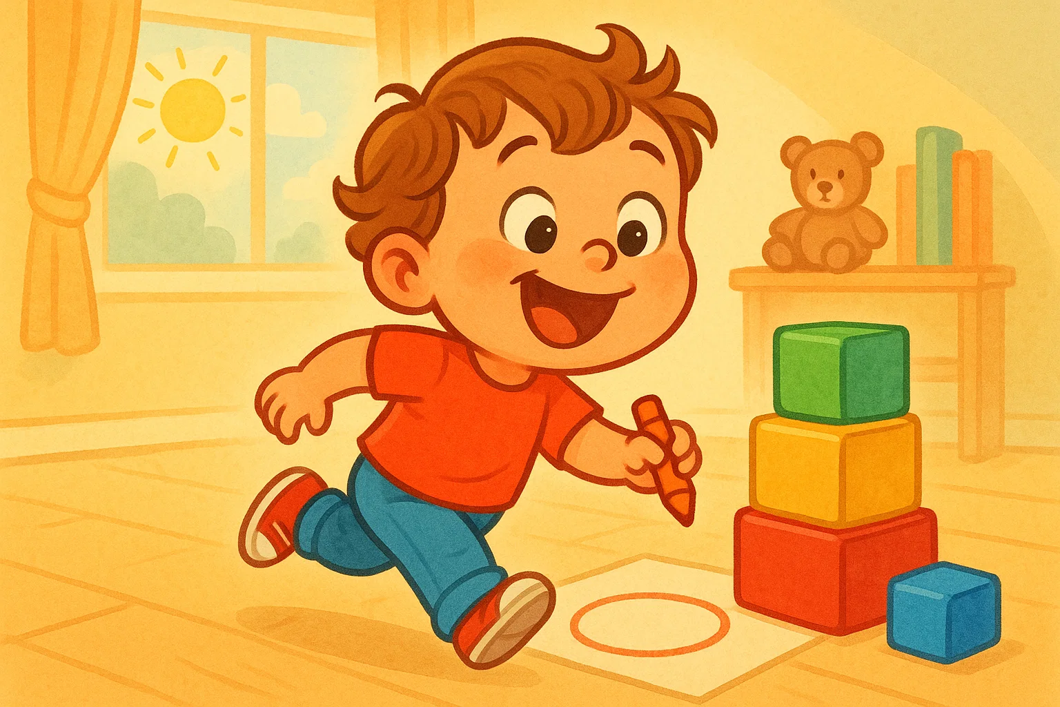 A cartoon illustration of a 3-year-old running, drawing a circle, and stacking blocks in a bright playroom, showcasing key milestones.