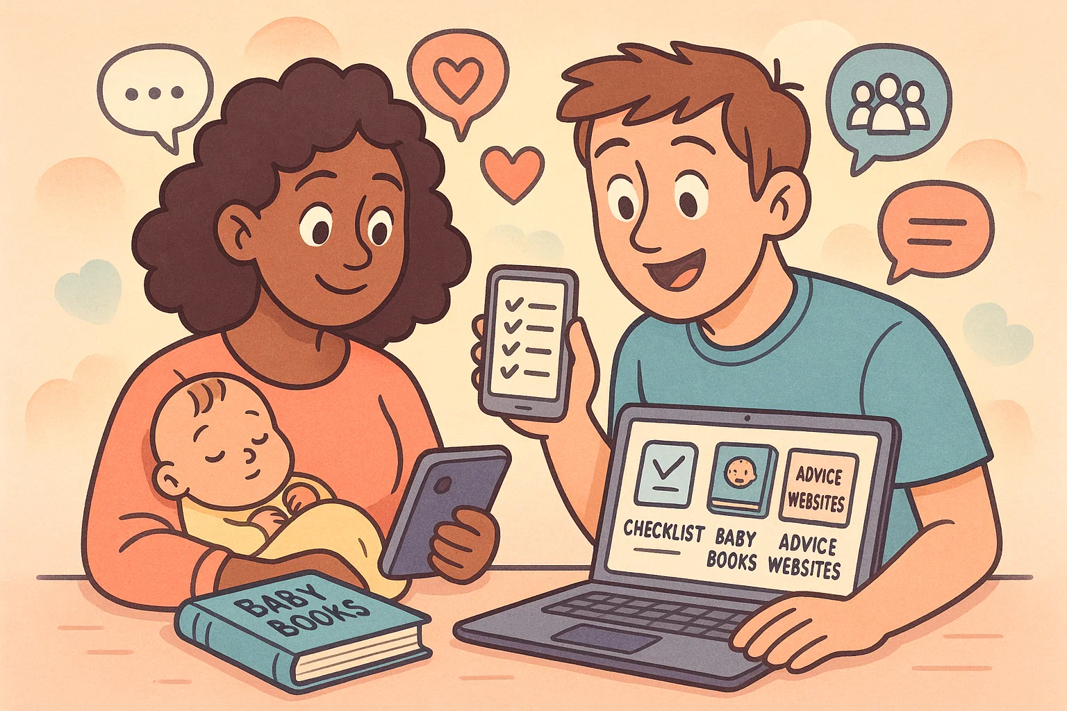 New parents using digital parenting resources with baby care checklist on phone and baby books on table.