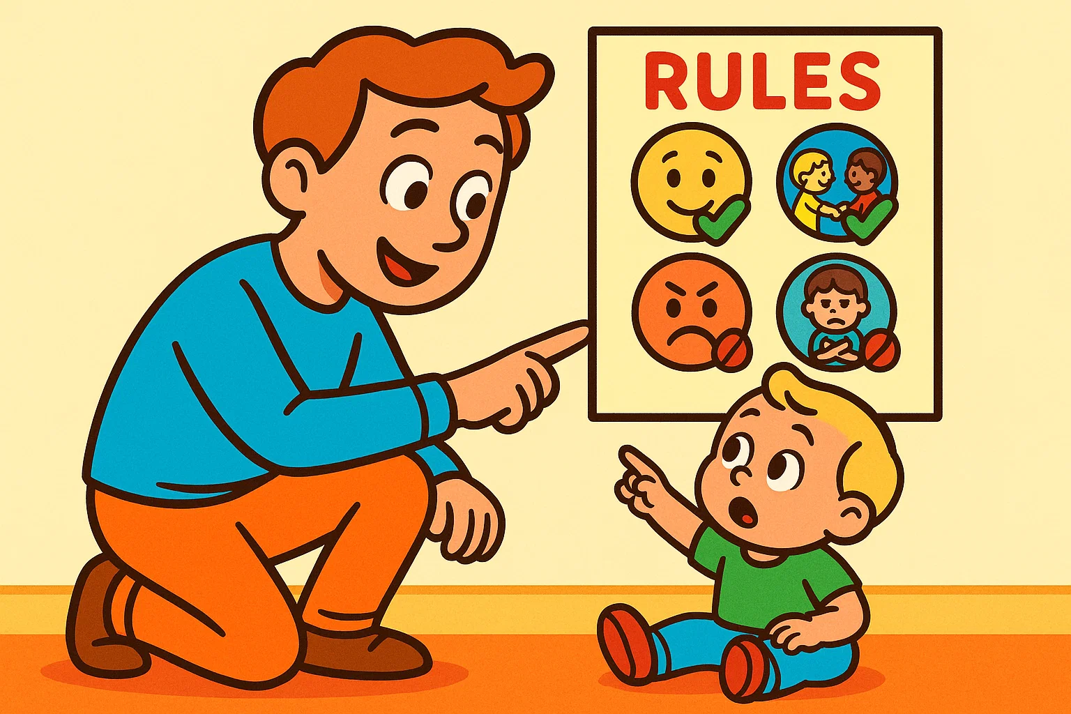 Cartoon parent teaching rules to toddler with a visual chart. Cartoon parent teaching rules to toddler with a visual chart.
