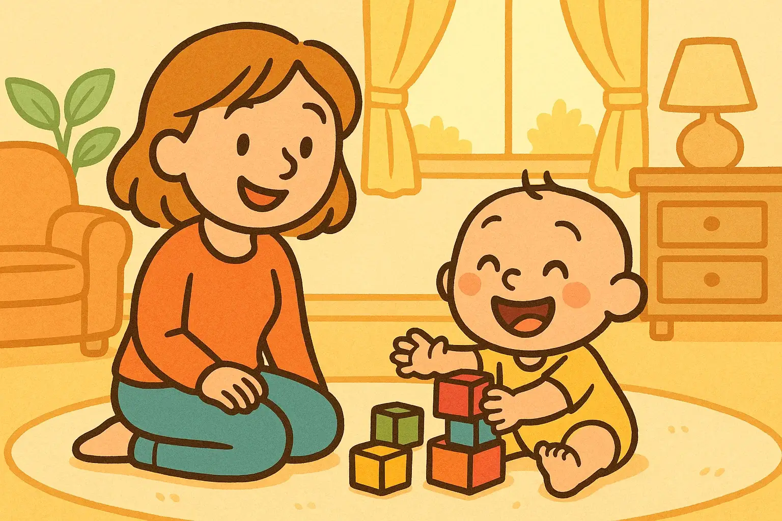 Cartoon toddler with toys and parent illustrating early discipline. Cartoon toddler with toys and parent illustrating early discipline.