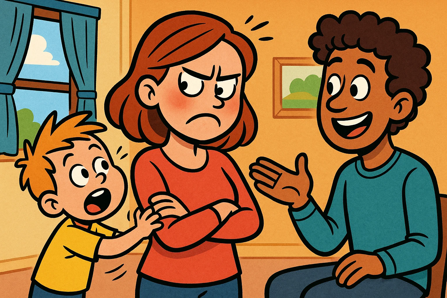 A cartoon showing a child interrupting their parent's conversation, with a thought bubble to show their impatience.