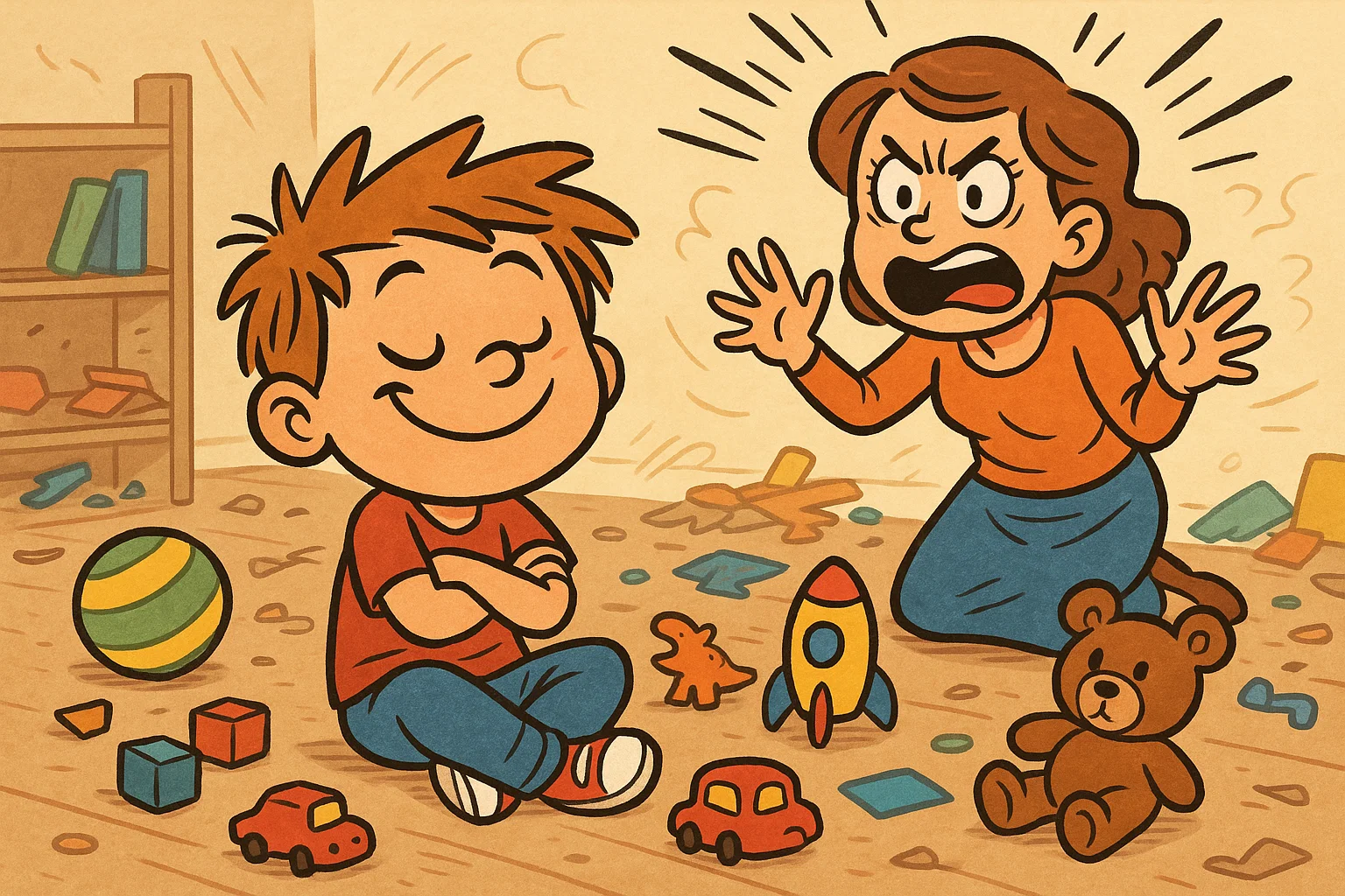 A cartoon illustration of a parent looking frustrated as their child ignores them, with toys scattered on the floor.