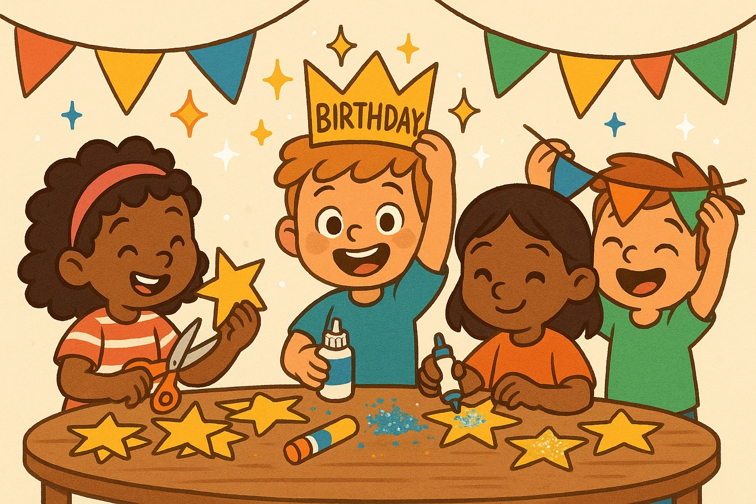 Children creating DIY crafts and decorations for birthday party.